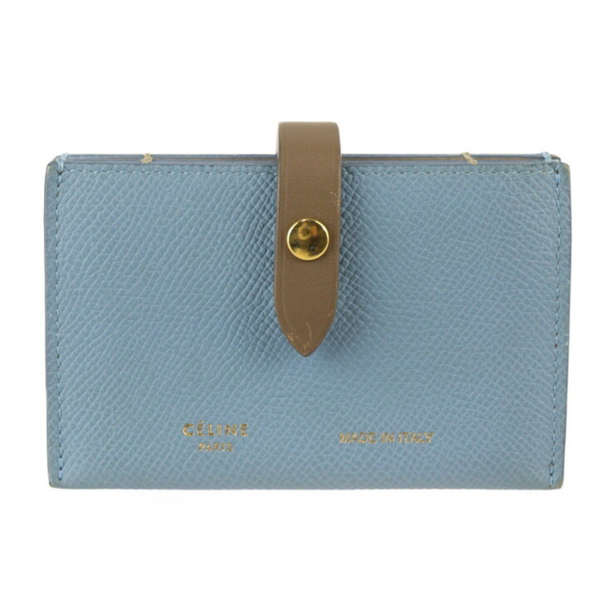 image of Celine Accordion Card Holder Case 104323 Leather Light Blue Business Strap Multi-Function, Women's