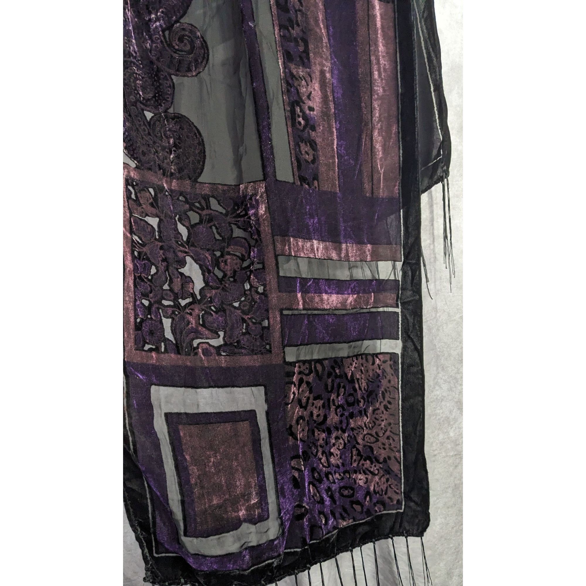 Other Vintage Burnt Velvet Abstract Scarf With Fringe 61"x20" Purp Size ONE SIZE - 5 Thumbnail