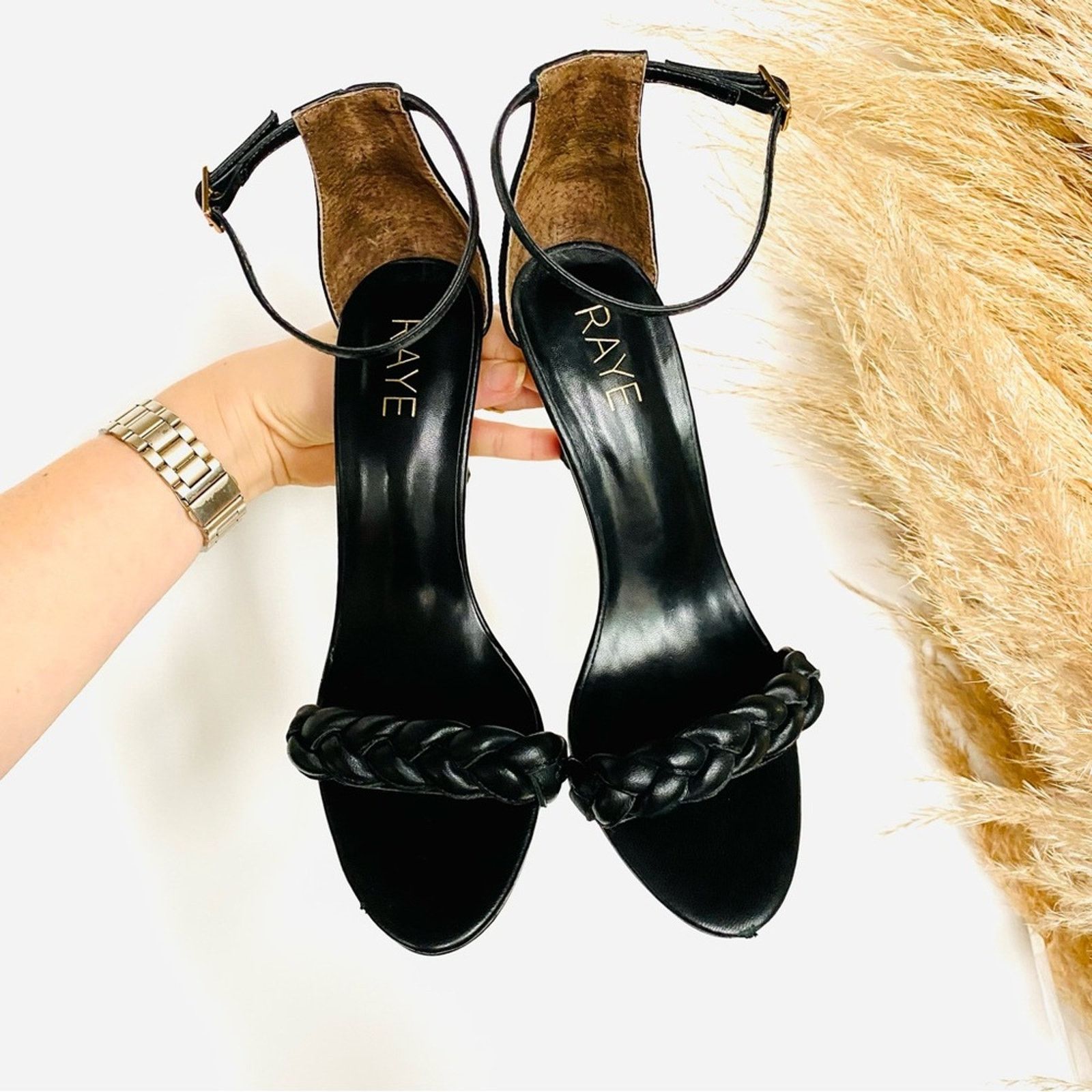 Nordstrom RAYE REVOLVE Lyka Black Braided Ankle Stiletto Sandals Shoes Size US 8.5 / IT 38.5 - 8 Thumbnail