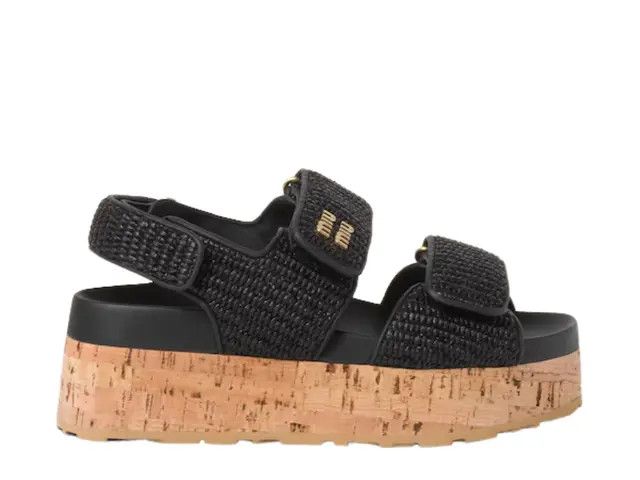 Miu Miu o1B3y1r0526 Fabric Wedge Sandals in Black Size US 9 / IT 39 - 1 Thumbnail