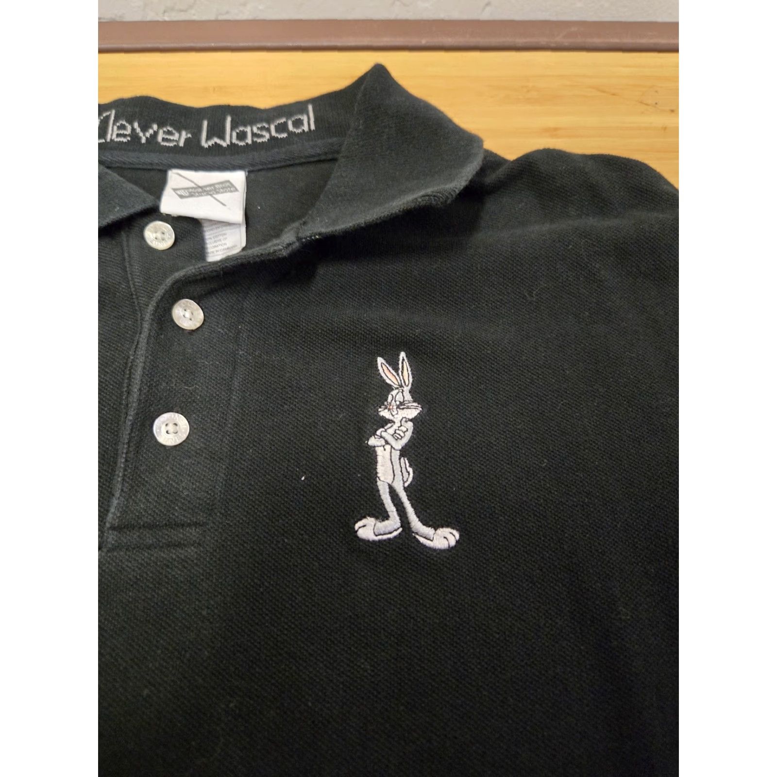 Vintage Warner Bros Bugs Bunny Polo Shirt Mens S Black Embroidered Cartoon Wascal Collared Short Sleeve Golf Walking 100% Cotton Size US S / EU 44-46 / 1 - 2 Thumbnail