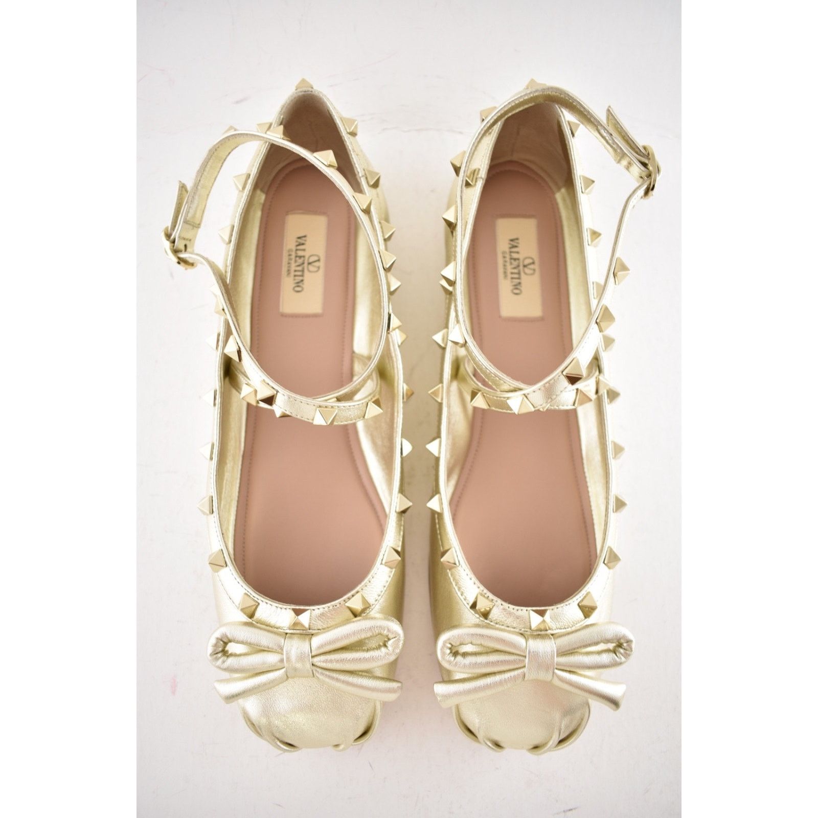 Valentino Valentino Rockstud Platino Gold Stud Ankle Strap Bow Ballet Size US 11 / IT 41 - 11 Thumbnail