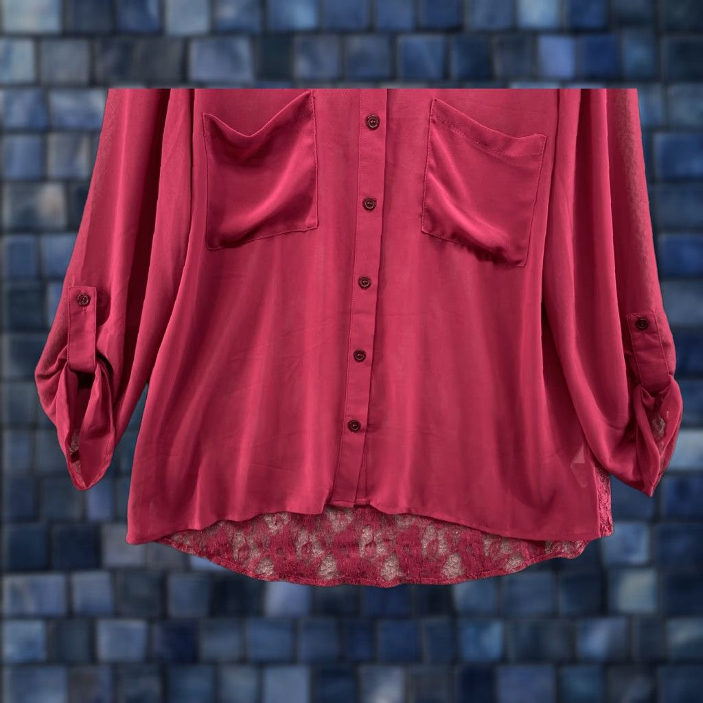 Vintage Maurices Studio Y Sheer Lace Button Up Roll Tab Sleeve Blouse Size M Red Womens Blouse New Size M / US 6-8 / IT 42-44 - 1 Thumbnail