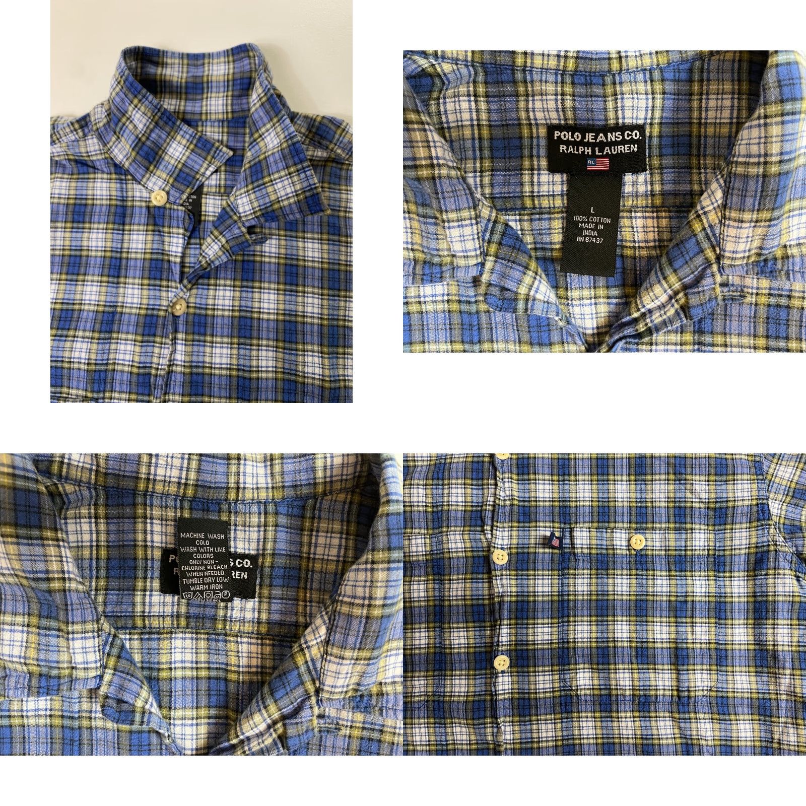 Polo Ralph Lauren VINTAGE Polo Jeans Co. Ralph Lauren Short Sleeve Button-Up Shirt Plaid Sz L Men's Button-Up Old School 90s Retro Blue Cotton Polo Ralph Lauren Shirt Size US L / EU 52-54 / 3 - 8 Thumbnail