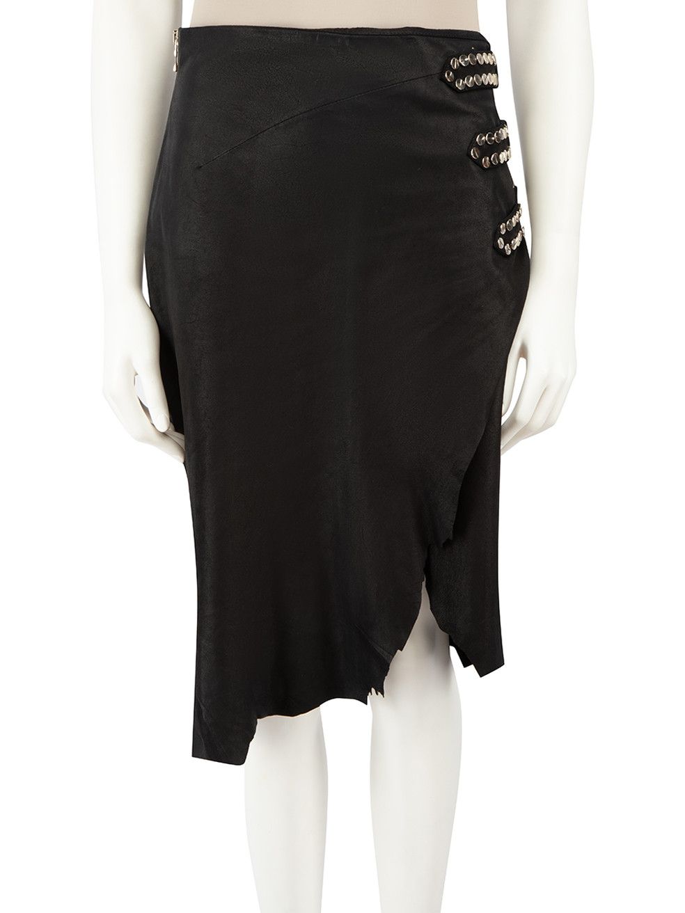 image of Balmain Black Leather Studded Raw Hem Skirt, Women's (Size 30)