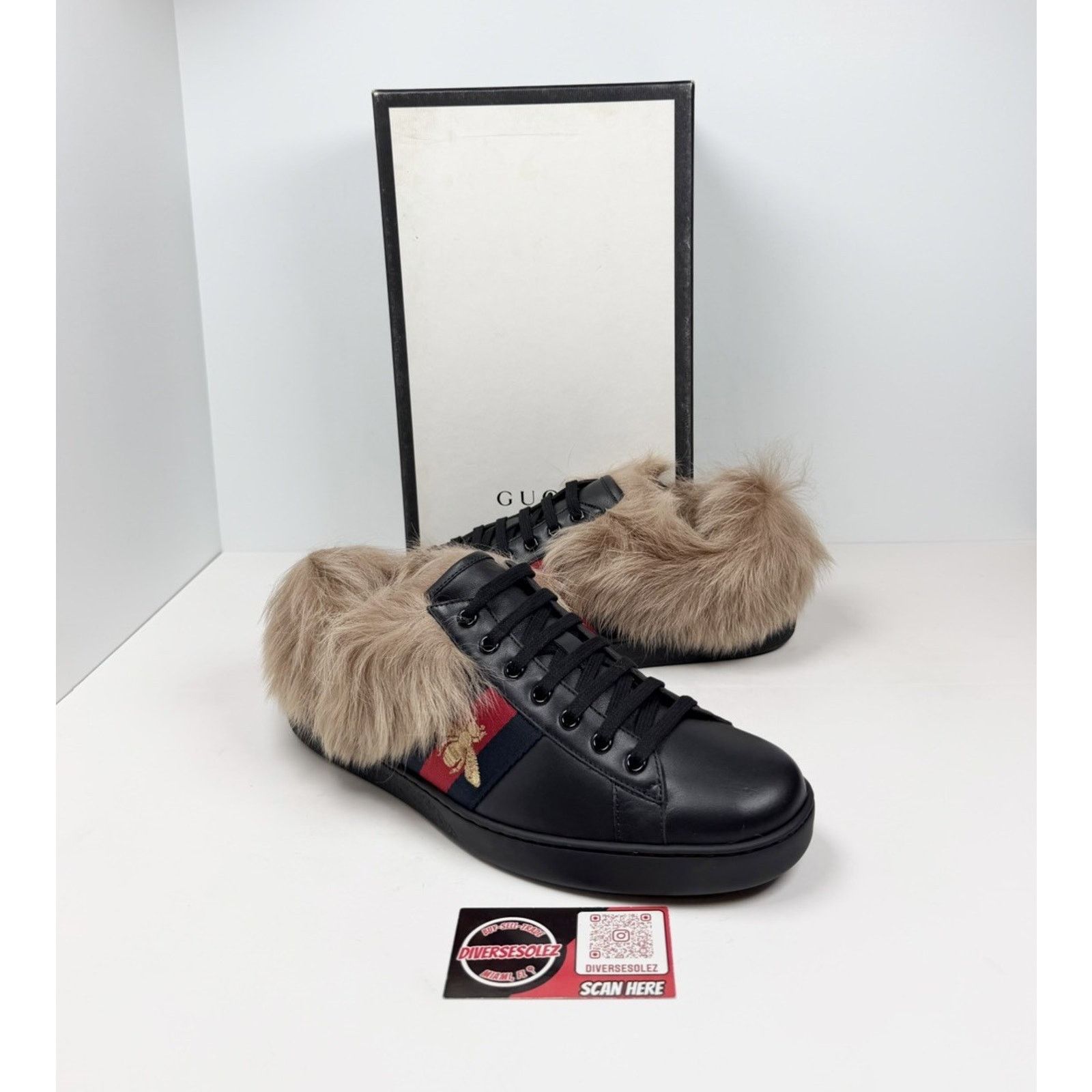Gucci Size 11US - Gucci Ace Web Embroidered Fur/Leather NEW Size US 11 / EU 44 - 1 Thumbnail