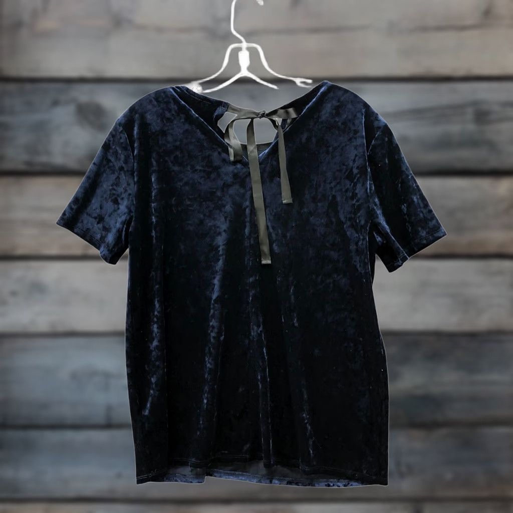 Velvet Beach Lunch Lounge Velvet Short Sleeve Top Womens M Dark Blue Tie Back Blouse Size M / US 6-8 / IT 42-44 - 1 Thumbnail