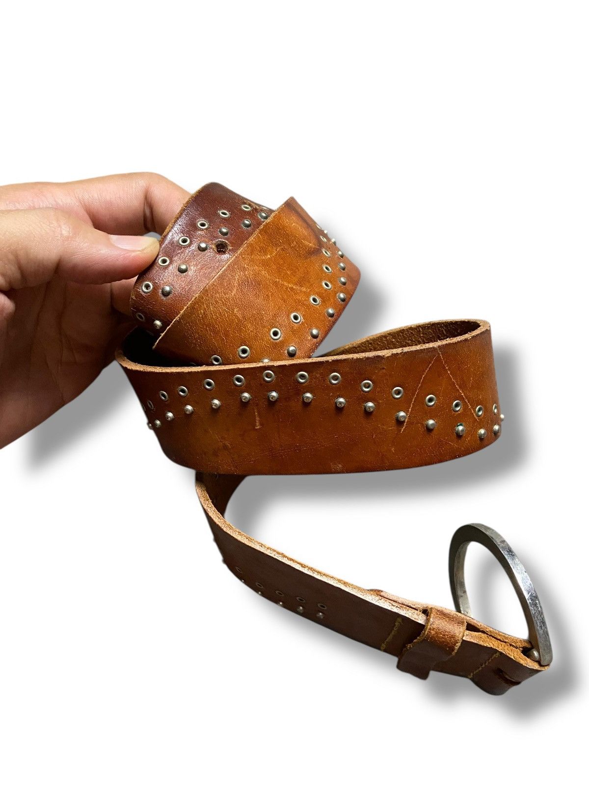 Japanese Brand Brown Metal Studded Leather Belt (142) Size 38 - 2 Thumbnail