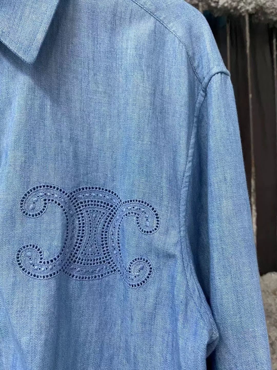 Celine Celine Blue Embroidered Triomphe Denim Shirt Size US 26 / EU 42 - 5 Thumbnail