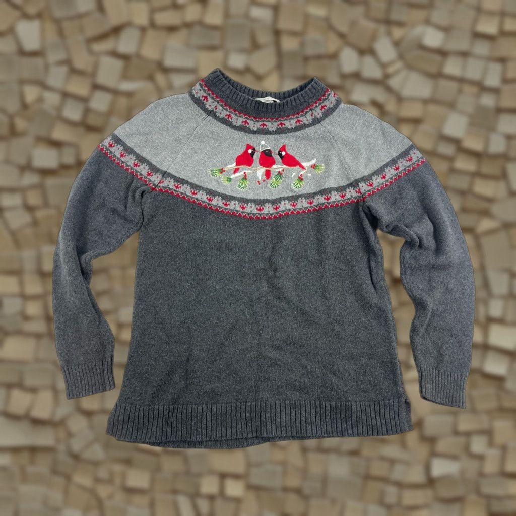 Vintage Christopher & Banks Sweater Women's Size Small Gray Mock Neck Red Cardinal Bird Pullover Long Sleeve Knit Shirt Size S / US 4 / IT 40 - 1 Thumbnail