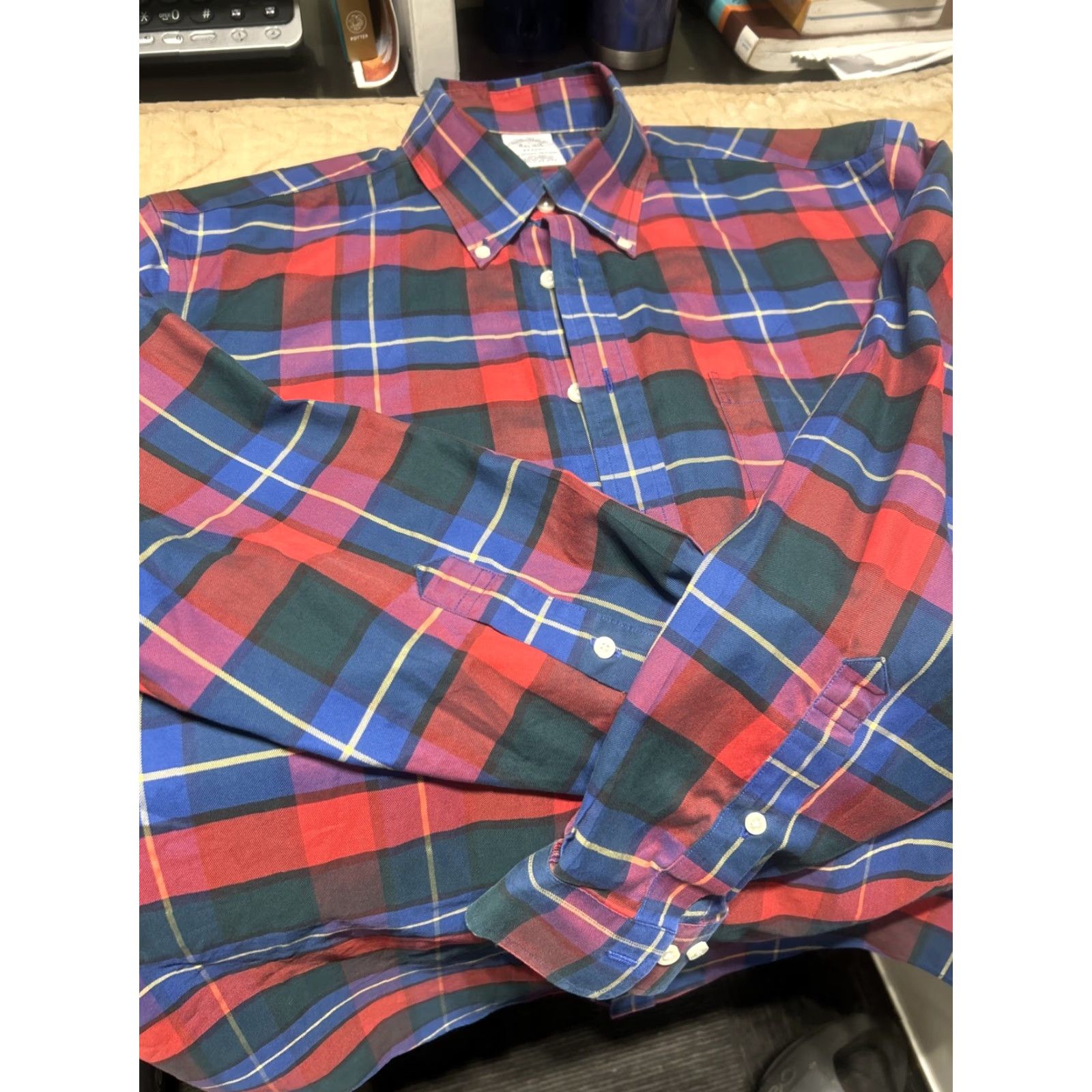 Brooks Brothers Brooks Brothers Dress Shirt Slim Fit All Supima Cotton Non-Iron L Mens Multicolor Plaid Slimming Size 42R - 5 Thumbnail