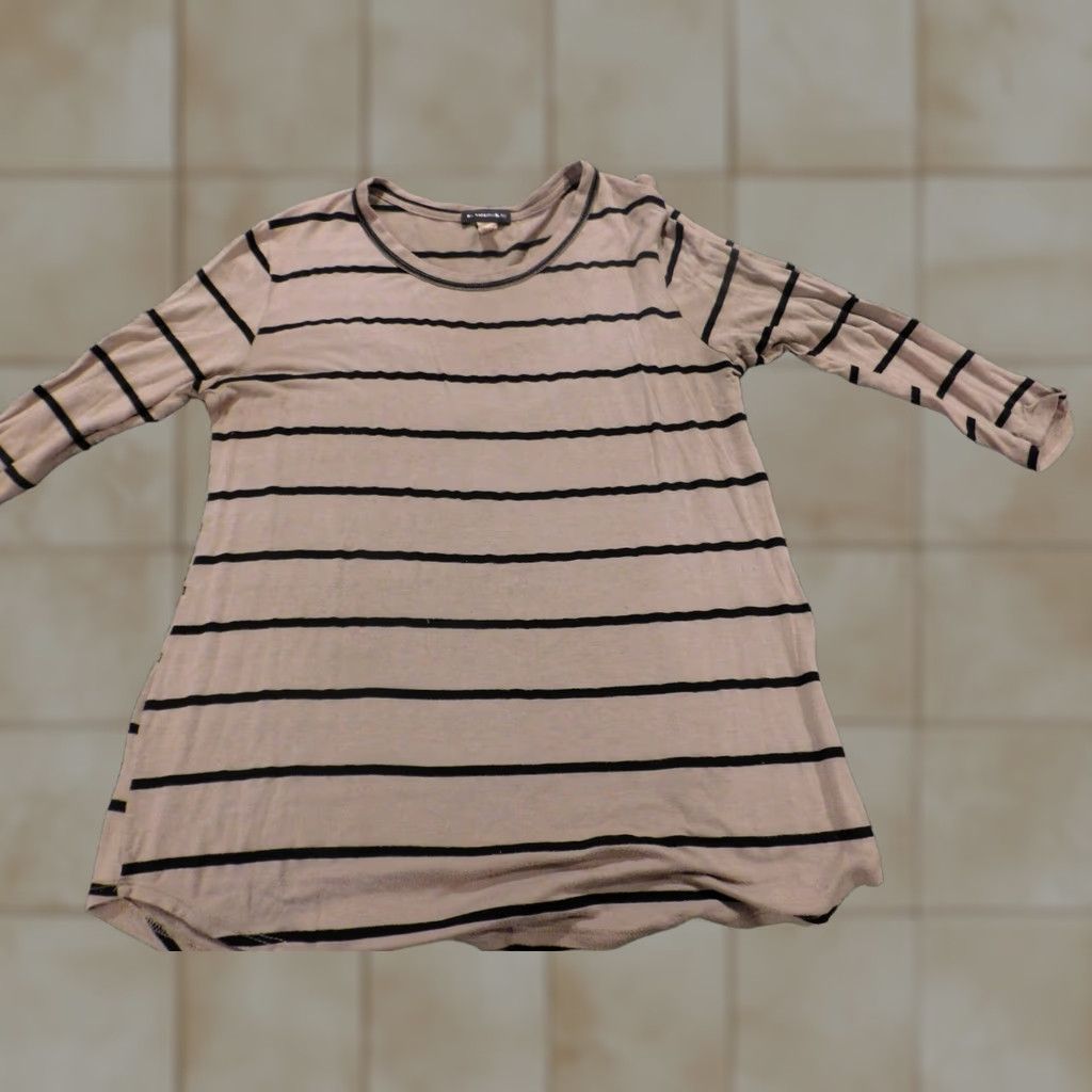 Vintage Flashbob Blouse Short Sleeve Woven Polyester Brown Striped High Neck Pullover Crew Casual XL Women’s Size XL / US 12-14 / IT 48-50 - 1 Thumbnail