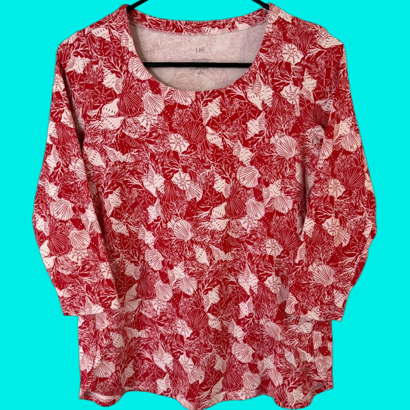 J. Jill VINTAGE J.Jill Pima Shell Print 3/4 Sleeve Scoop-Neck Tee Shirt Red Womens Petite Small Beachy Size S / US 4 / IT 40 - 1 Thumbnail