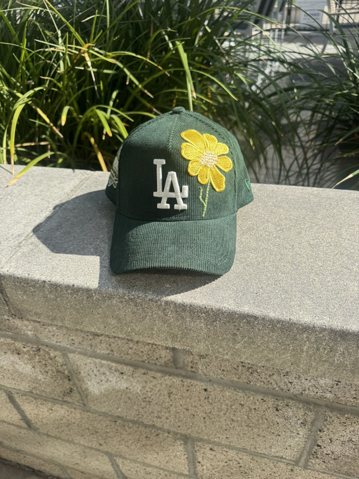 Forest green corduroy w/ single yellow embroidered Flower