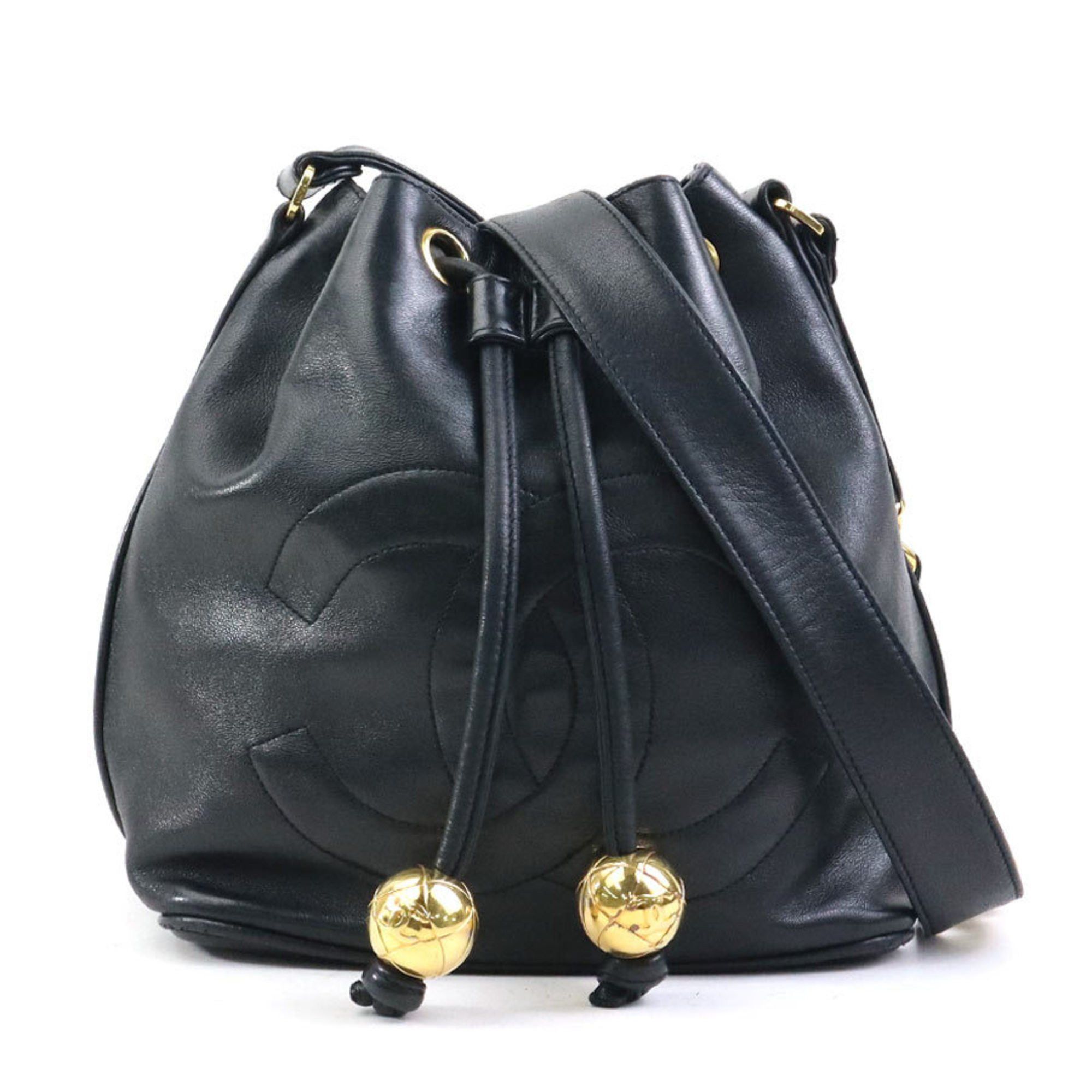 Chanel Shoulder Bag Leather Metal Black Gold Women's E60356G