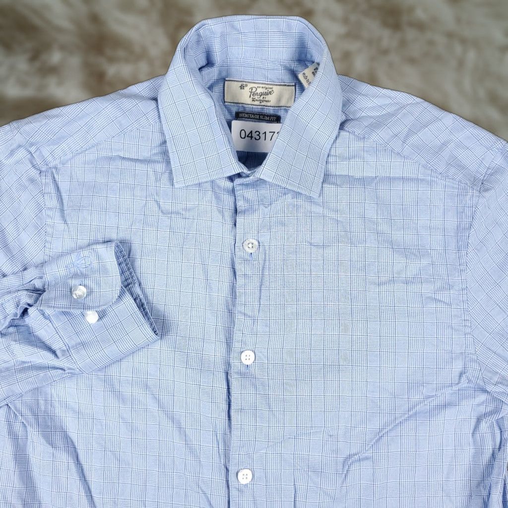 Vintage Penguin Dress Shirt Mens 14.5 Blue Plaid Button Up Long Sleeve Casual Business Shirt 14.5 in Collar Men’s Regular Size Blue Plaid Size 36R - 1 Thumbnail