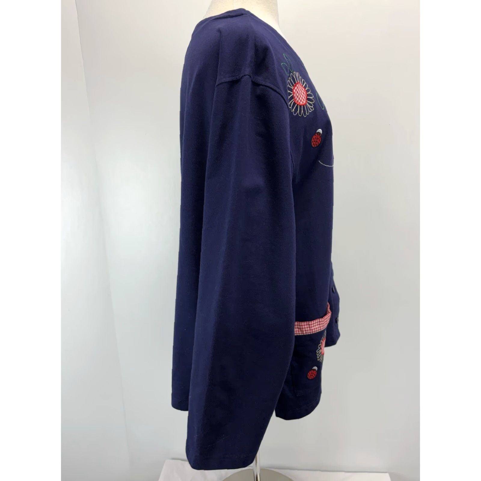 4SDESIGNS VINTAGE C&K Designs Cardigan Women’s 3X Plus Navy Embroidered Appliqué Ladybugs Blue Cotton Blend Sweater Long Sleeve Round Neck Womens Size XXL / US 16-18 / IT 52-54 - 4 Thumbnail