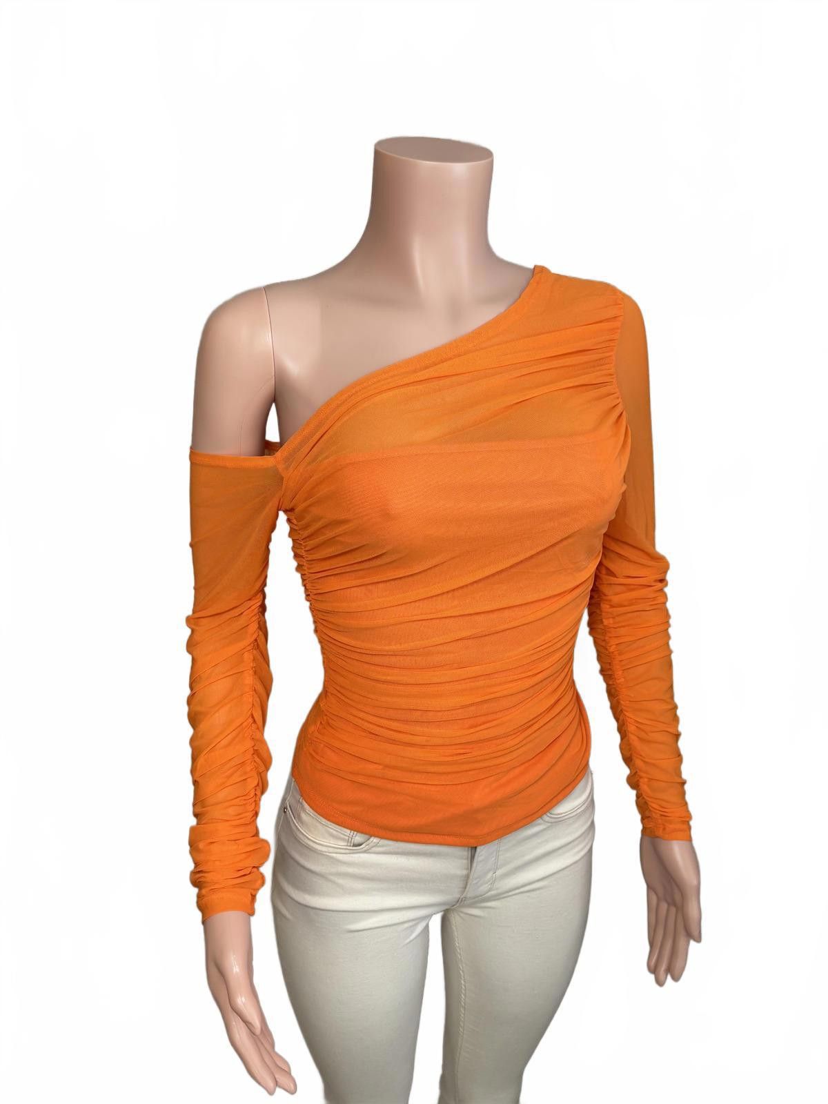 Shein Orange One-Shoulder Long Sleeve Ruched Top. Size M Size M / US 6-8 / IT 42-44 - 3 Thumbnail