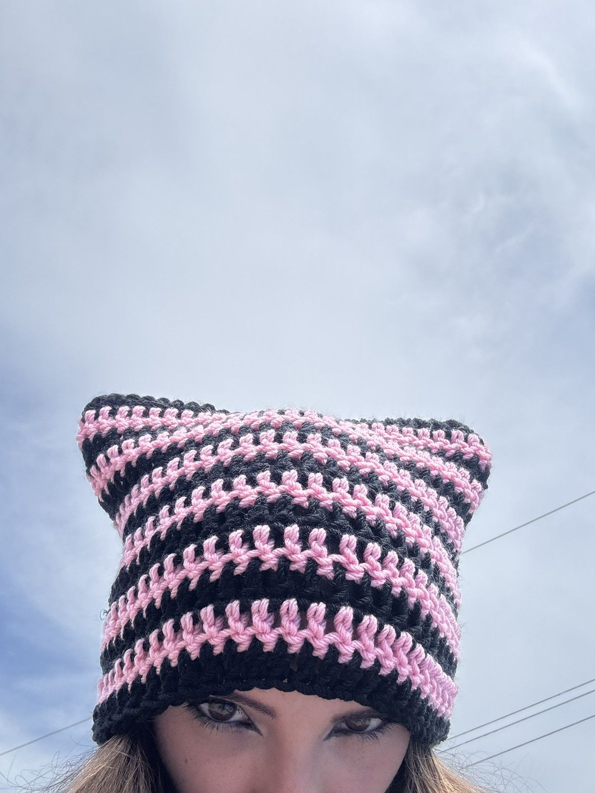 Handmade Crochet Cat Beanie - Black & Pink Size ONE SIZE - 1 Thumbnail