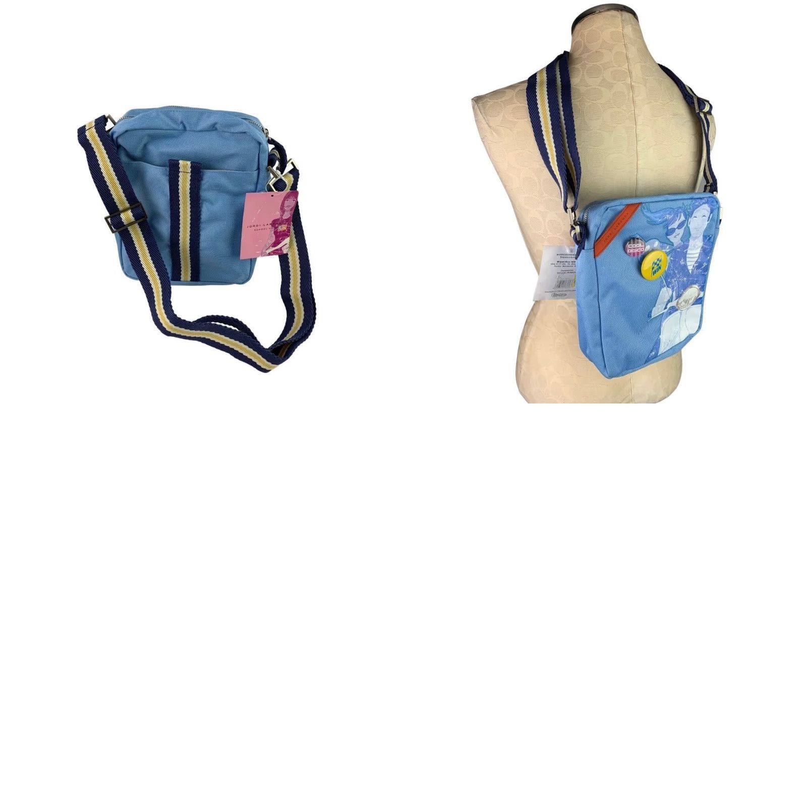 Vintage Jordi Labanda School Chic Blue Hipster Bag Miquelrius Pins Crossbody Canvas 7"l 8"h 2"d Adjustable to 22" Women Size ONE SIZE - 8 Thumbnail