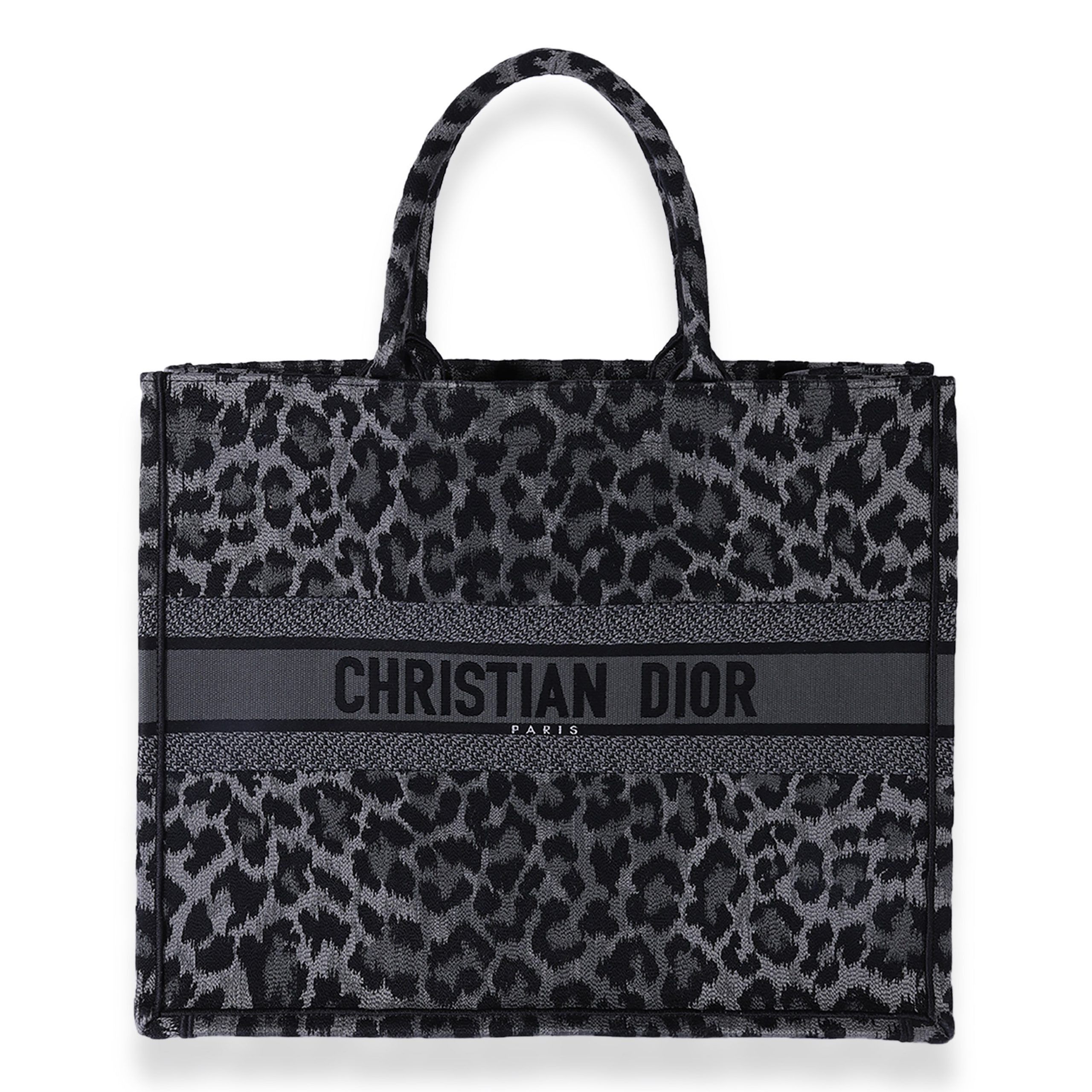 image of Dior Black & Gray Leopard Mizza Embroidery Large Book Tote, Women's