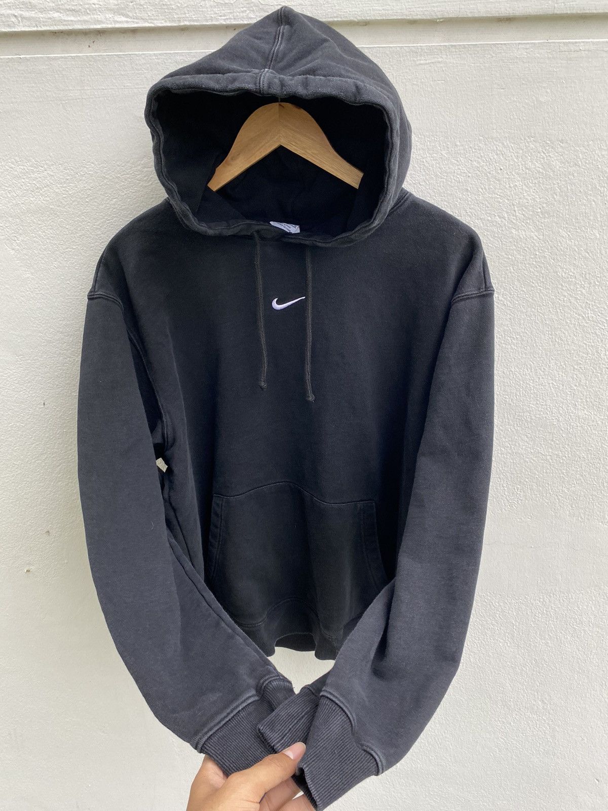 Nike Streetwear Vintage Faded Nike Center Swoosh Hoodie Black Grailed