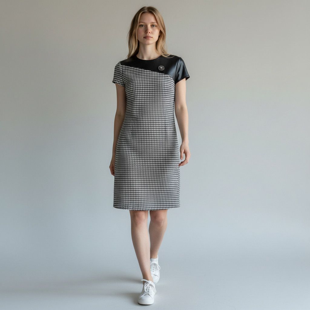 Versace Authentic FW2012 Houndstooth & Leather Shift Dress Size M / US 6-8 / IT 42-44 - 1 Thumbnail