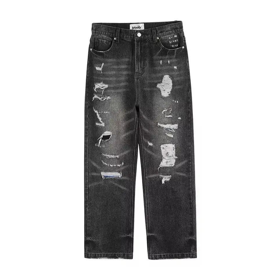 Japanese Brand Y2K Frayed Hole Damaged Washed Black Baggy Jeans Size US 32 / EU 48 - 4 Thumbnail