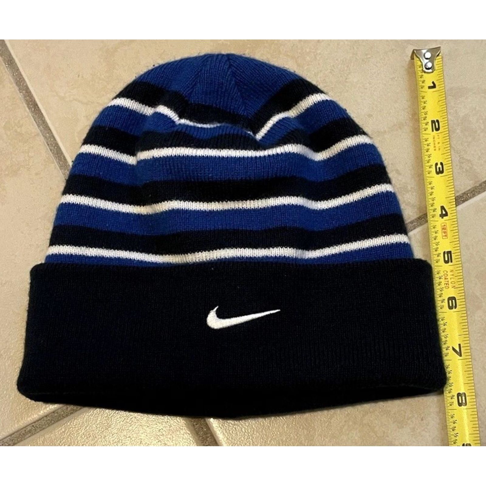 Nike VINTAGE Nike Swoosh Beanie Striped AOP Blue 90s Grunge Skate Surf Vtg Swoosh Beanie Mens One Size Size ONE SIZE - 4 Thumbnail