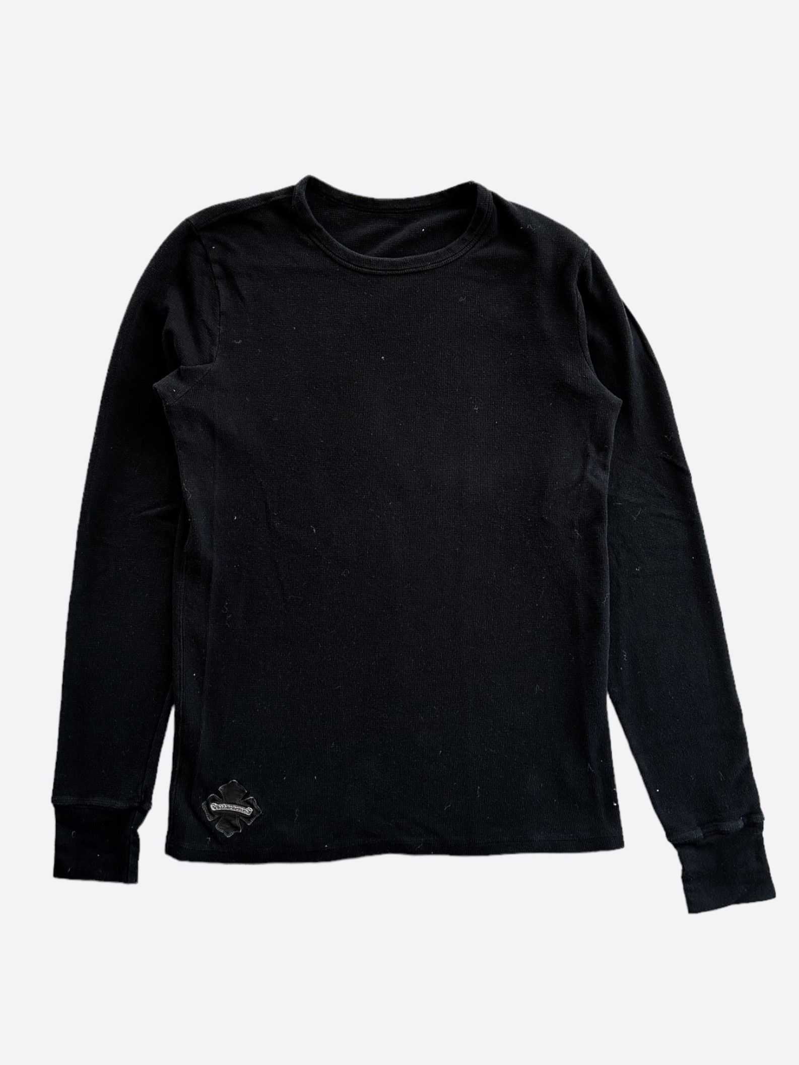 image of Chrome Hearts Black Leather Patch Thermal Longsleeve T-Shirt, Men's (Size Large)