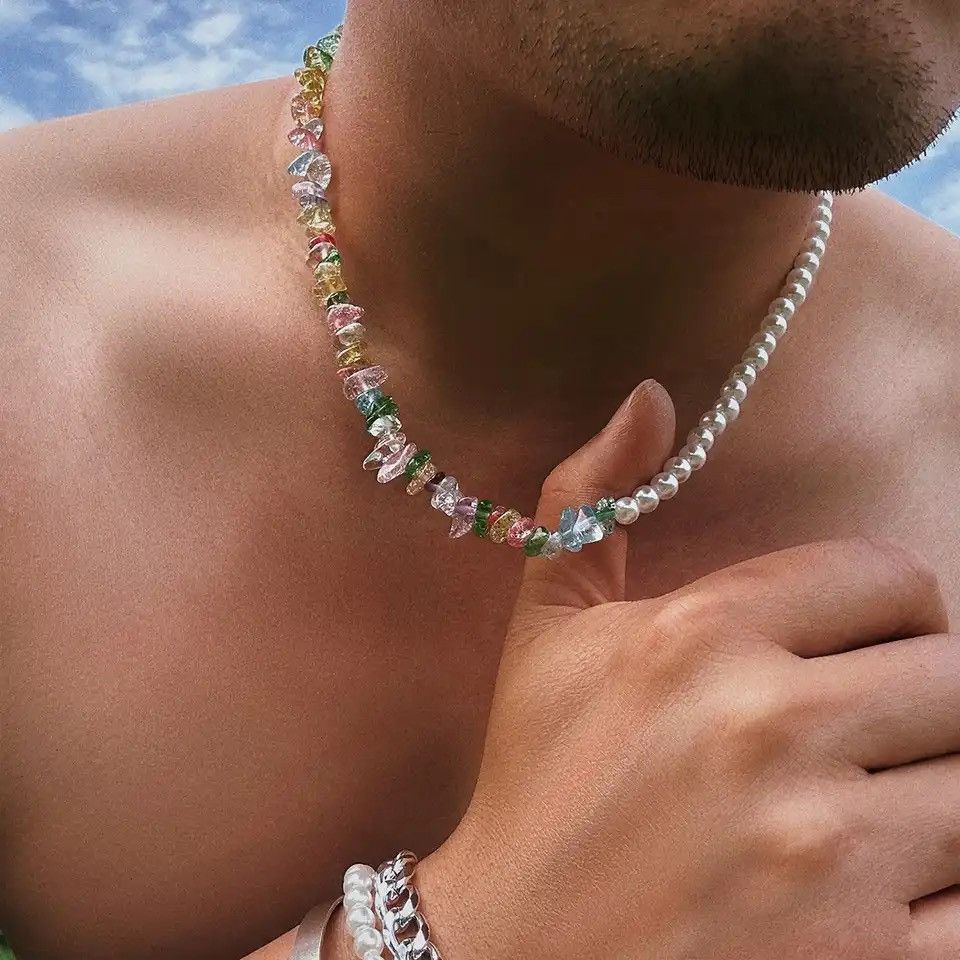Jewelry Transparent Colorful Glass Crystal Pearl Choker Necklace Size ONE SIZE - 1 Thumbnail
