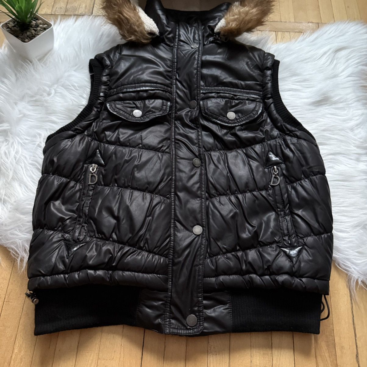 If Six Was Nine 📌 Vintage Max Blue Y2K 00s Fur Hood Black Vest Size S / US 4 / IT 40 - 5 Thumbnail
