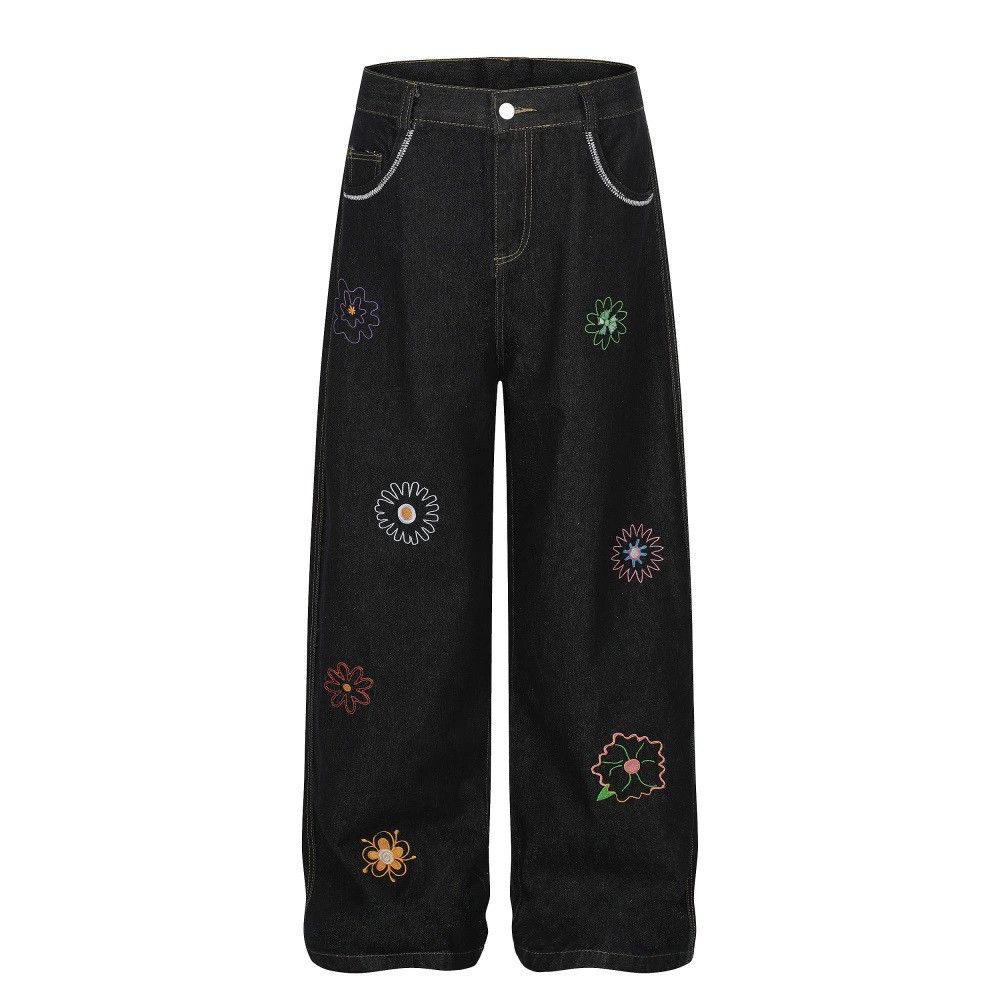 Jean Men's trendy loose casual floral embroidered straight jeans Size US 32 / EU 48 - 1 Thumbnail