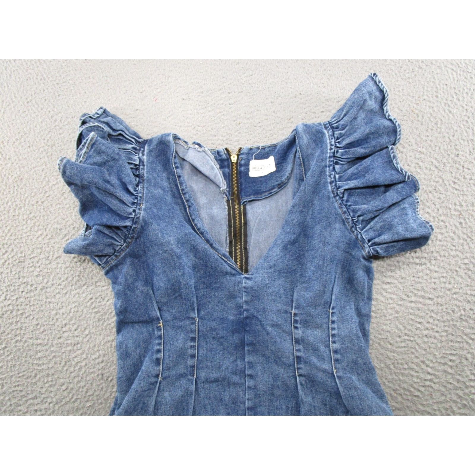 Denime Bella Ella Women's Denim Romper Blue V-Neck Flutter Sleeve Ruffle Short Sleeve 2.5 Inch Inseam Size M Casual Size 32" / US 10 / IT 46 - 3 Thumbnail