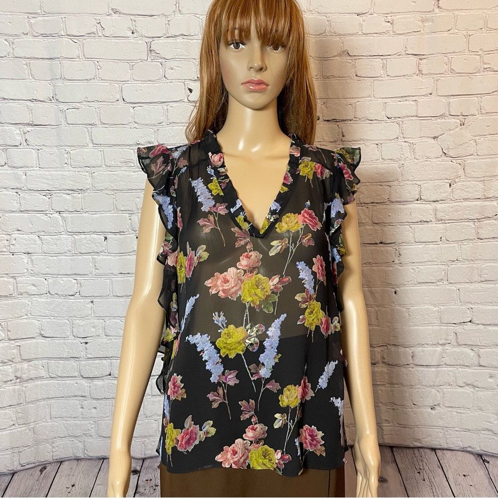 Paige NWT New $229 Paige 100% Silk Genie Floral-Print Ruffled Top Size M / US 6-8 / IT 42-44 - 2 Thumbnail