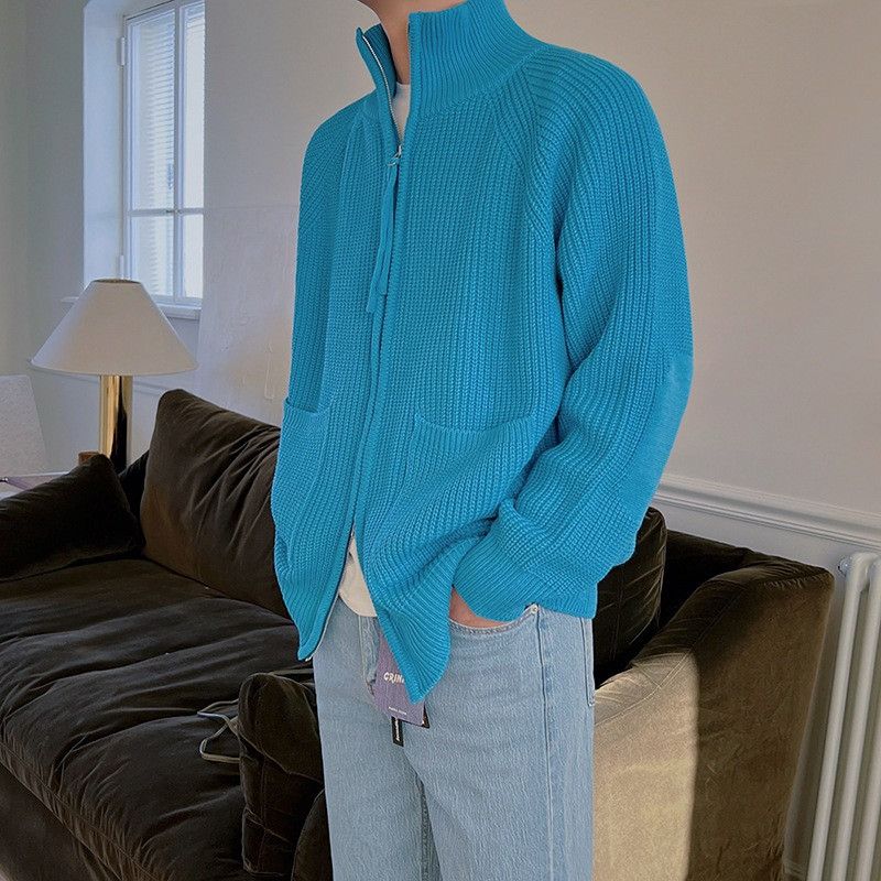 image of Blue Full Zip Cardigan Sweater, Men's (Size Medium)