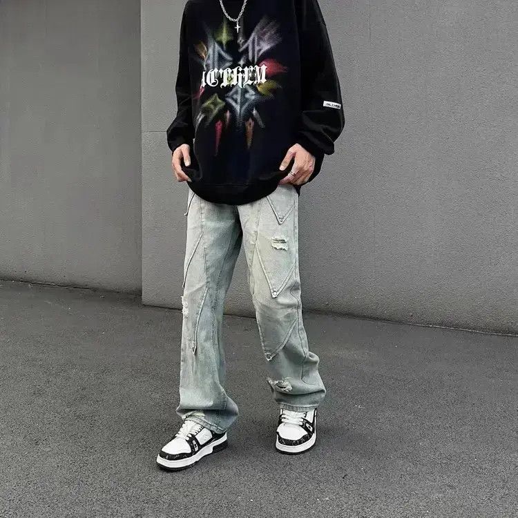 Japanese Brand Retro patchwork straight leg distressed jeans Size US 32 / EU 48 - 6 Thumbnail