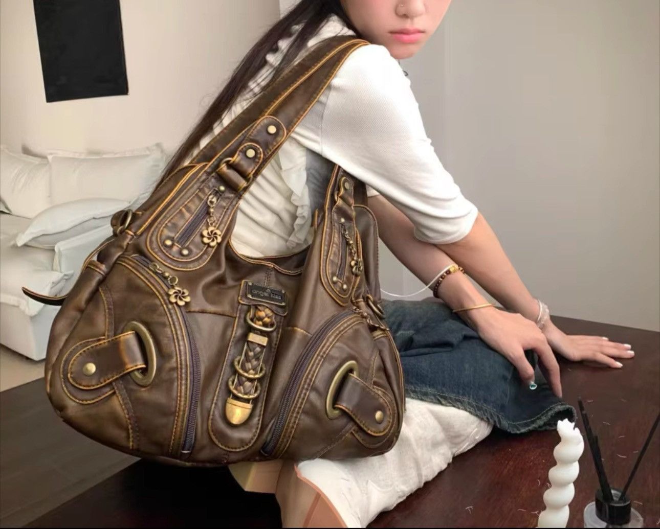 Designer Washed Y2K Retro Vintage Shoulder Capacity Harajuku Bag Size ONE SIZE - 1 Thumbnail