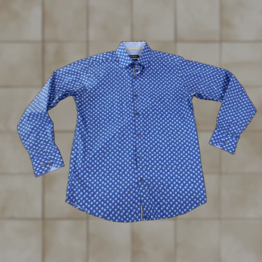 BUGATCHI Bugatchi Mens Button-Up Shirt Collar Down Long Sleeve Geometric Blue Cotton Knit Casual Regular M Size Adult Mens Size US M / EU 48-50 / 2 - 1 Thumbnail