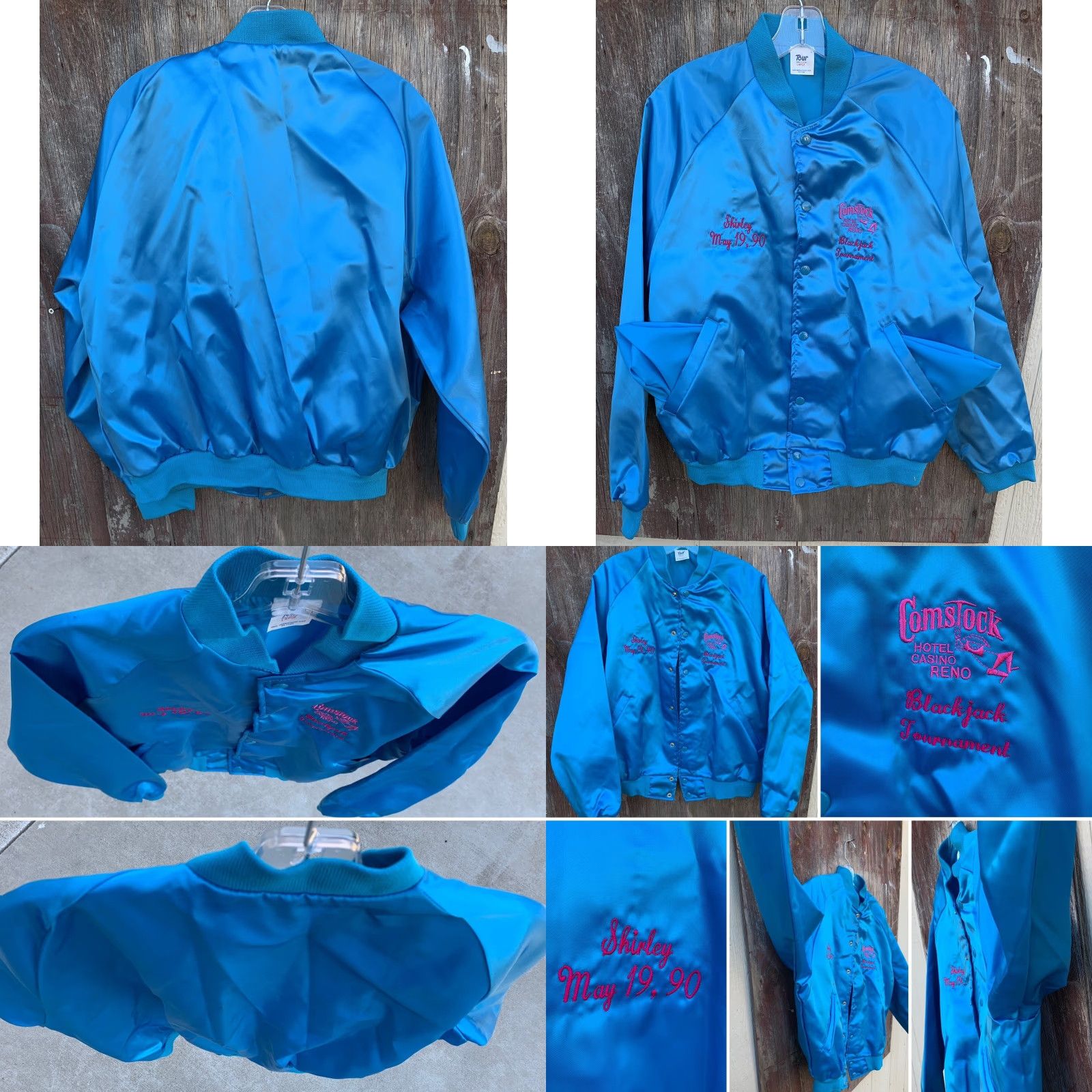 Vintage VINTAGE Tour Satin Jacket Unisex Adults L Blue Nylon Lining Embroidered 1990s 80s Casual Travel Pockets Snap Closure Size US L / EU 52-54 / 3 - 8 Thumbnail