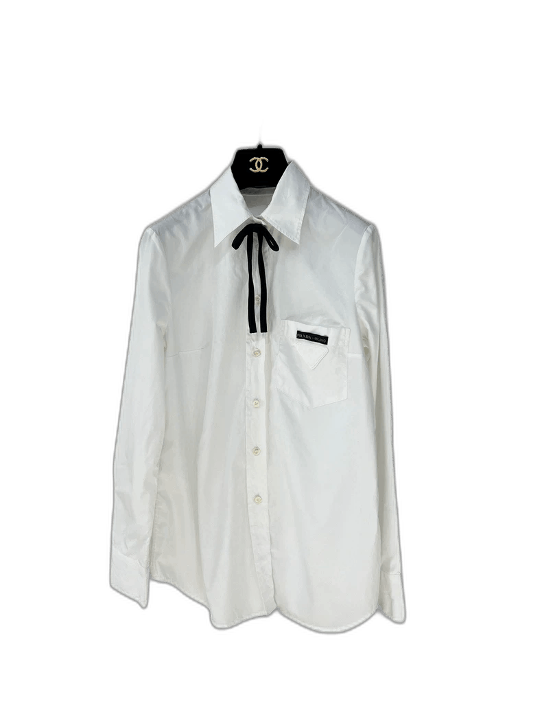 Prada Prada White Shirt with Black Ribbon Collar -2505 Size M / US 6-8 / IT 42-44 - 1 Thumbnail