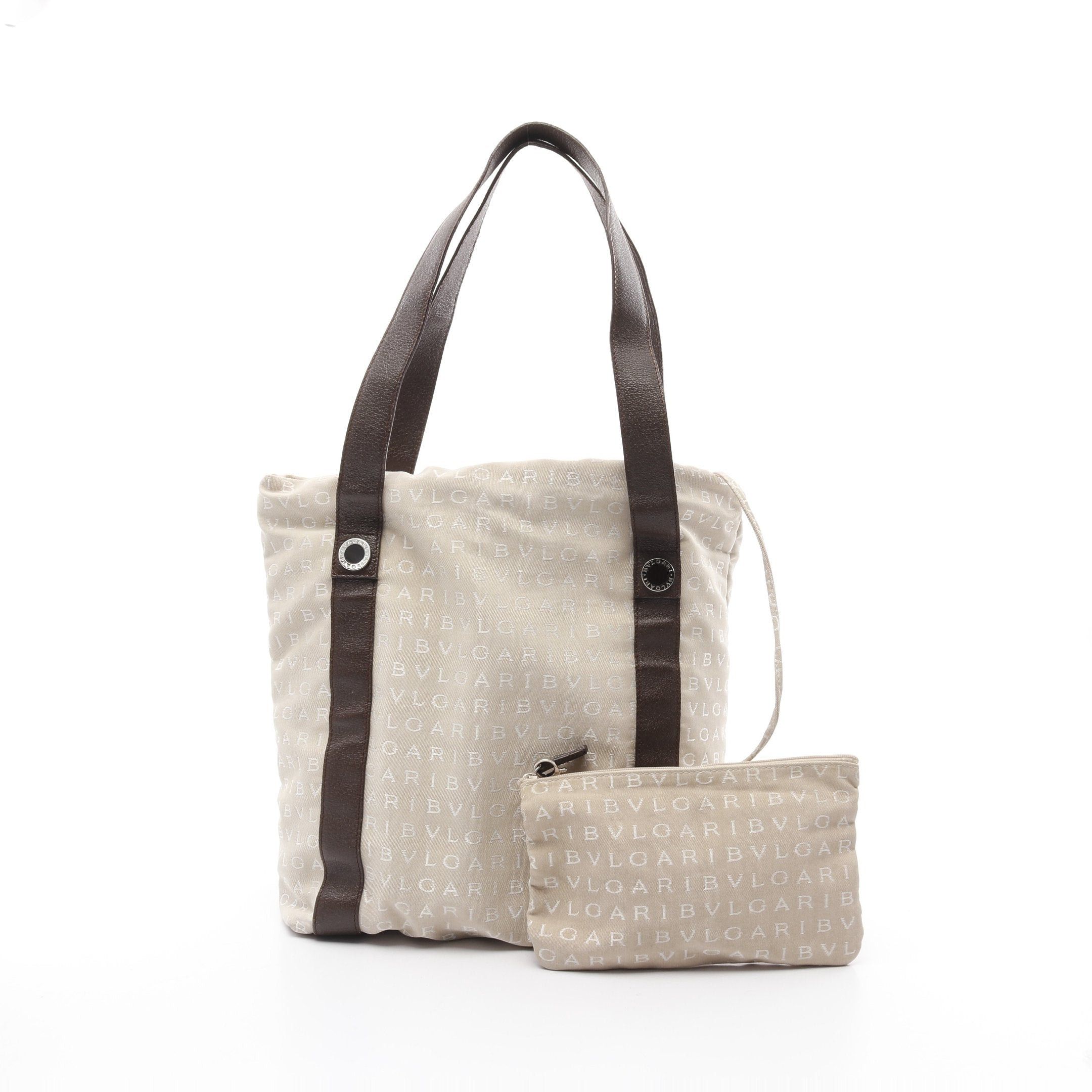 Bvlgari Logomania Shoulder Bag Tote Canvas Leather Beige Dark Brown in Black, Women's