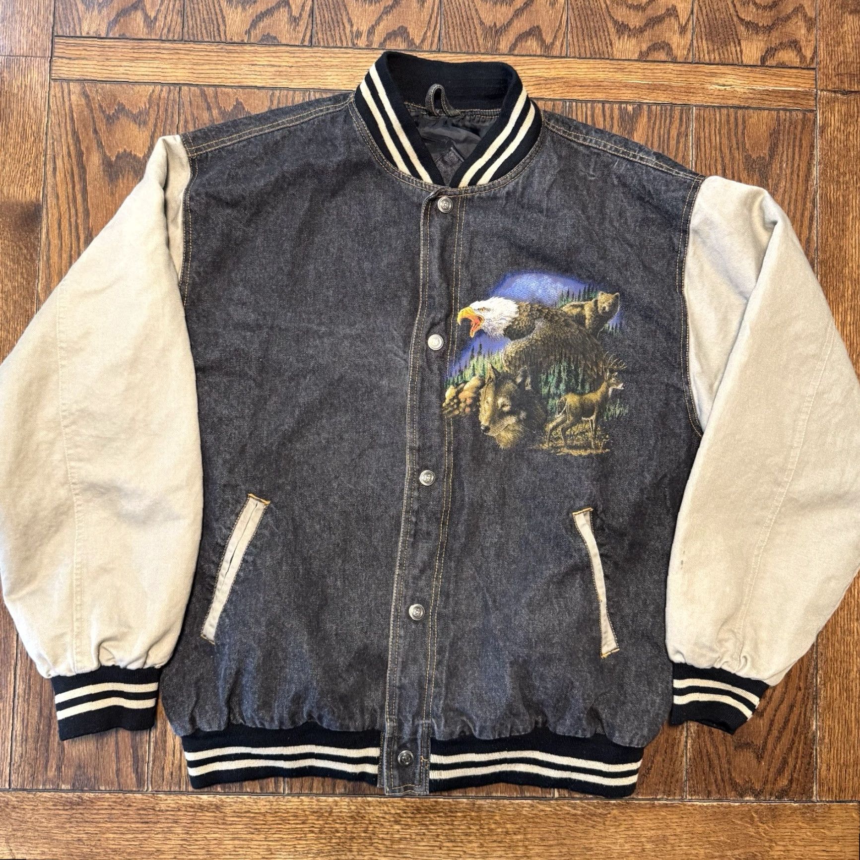 Vintage VINTAGE VTG Wildlife Jon Lauren Apparel Denim Varsity Bomber Jacket Men’s XL Wolf Buck Size US L / EU 52-54 / 3 - 2 Thumbnail