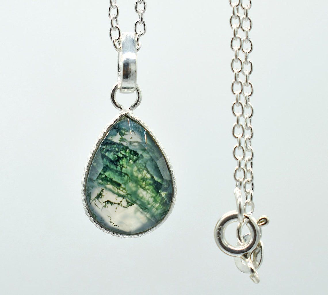 Handmade Teardrop Moss Agate Necklace 925 Sterling Silver, 18 Inch Size ONE SIZE - 1 Thumbnail