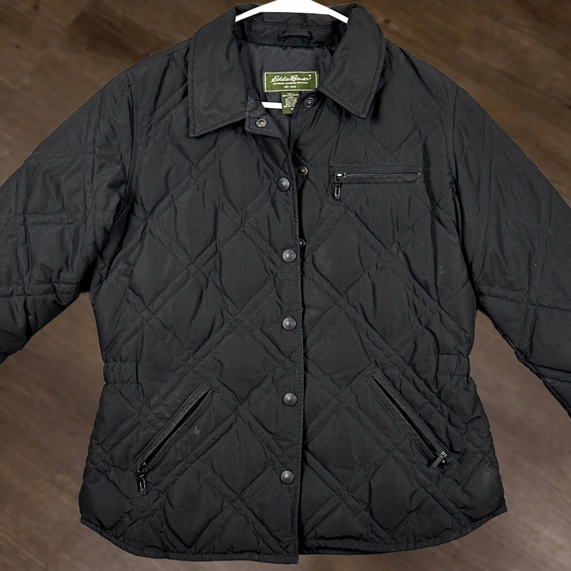 Eddie Bauer Eddie Bauer Jacket Goose Down Womens Medium Black Full Zip Quilted Pockets Zipper Front Button Snaps Size M / US 6-8 / IT 42-44 - 1 Thumbnail