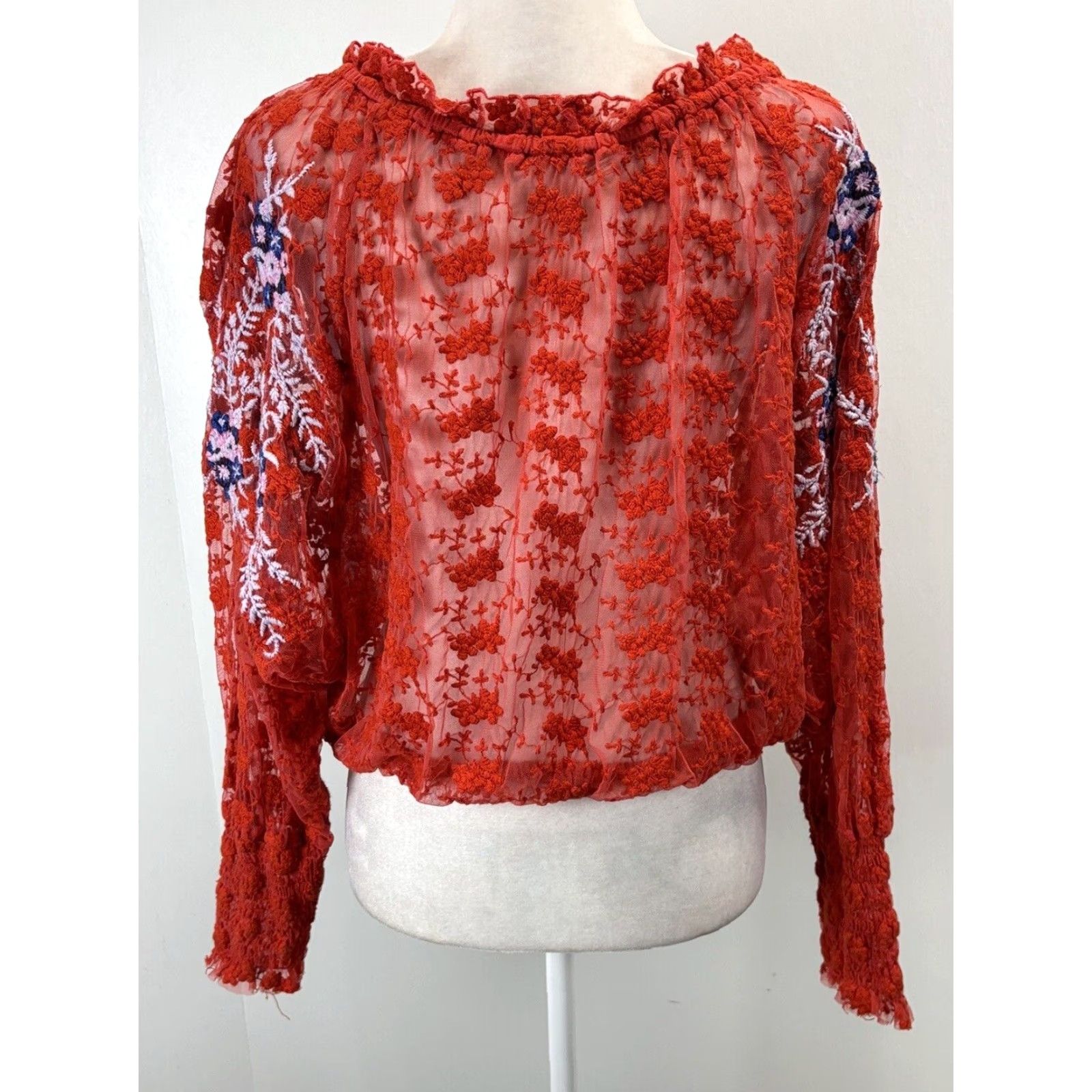 Free People Free People Floral Lace Embroidered Long Sleeve Top Womens Small Red Boho Style Size S / US 4 / IT 40 - 3 Thumbnail