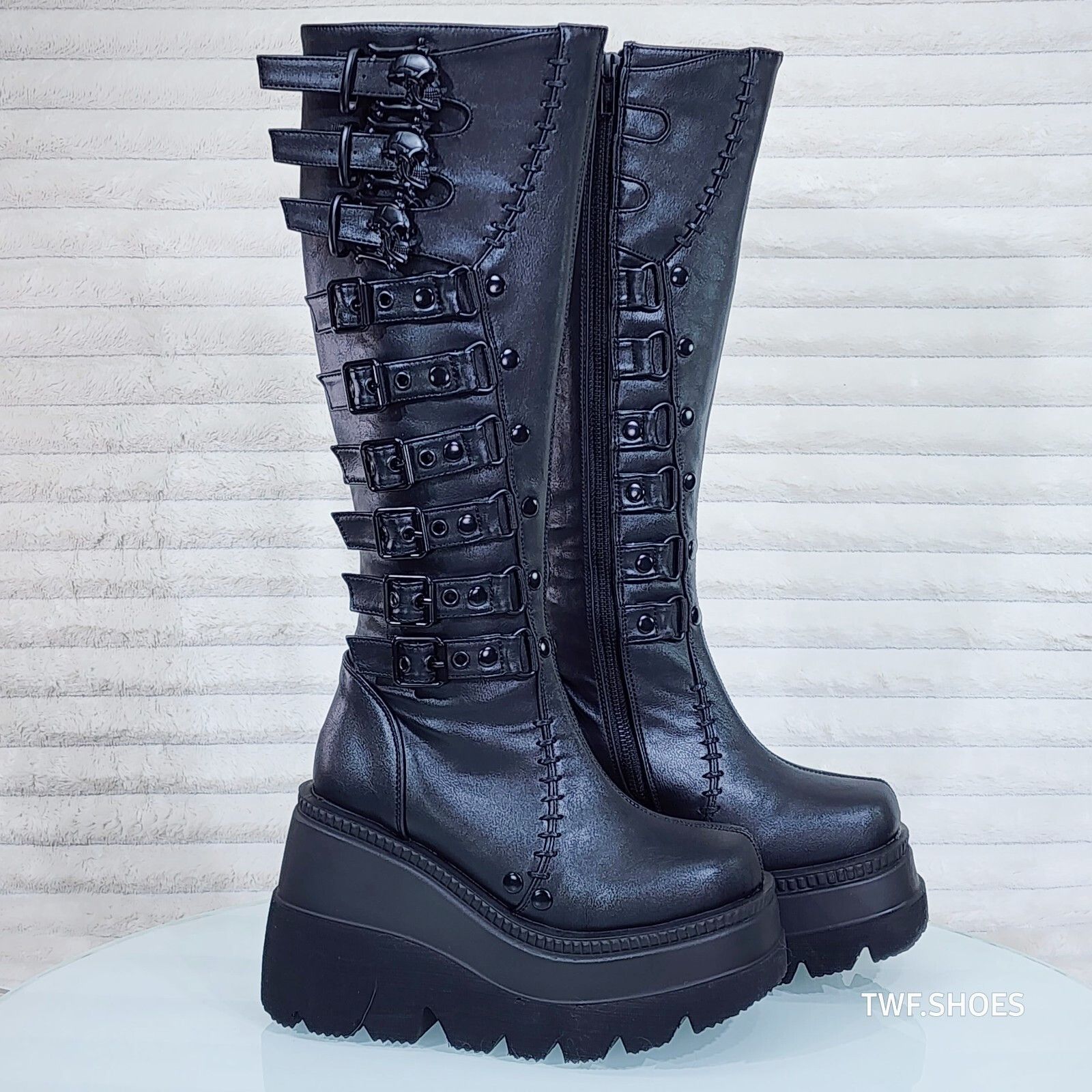 Other DEMONIA Shaker Black Matte Platform 4.5" Wedge Heel Skull Bu Size US 7 / IT 37 - 3 Thumbnail
