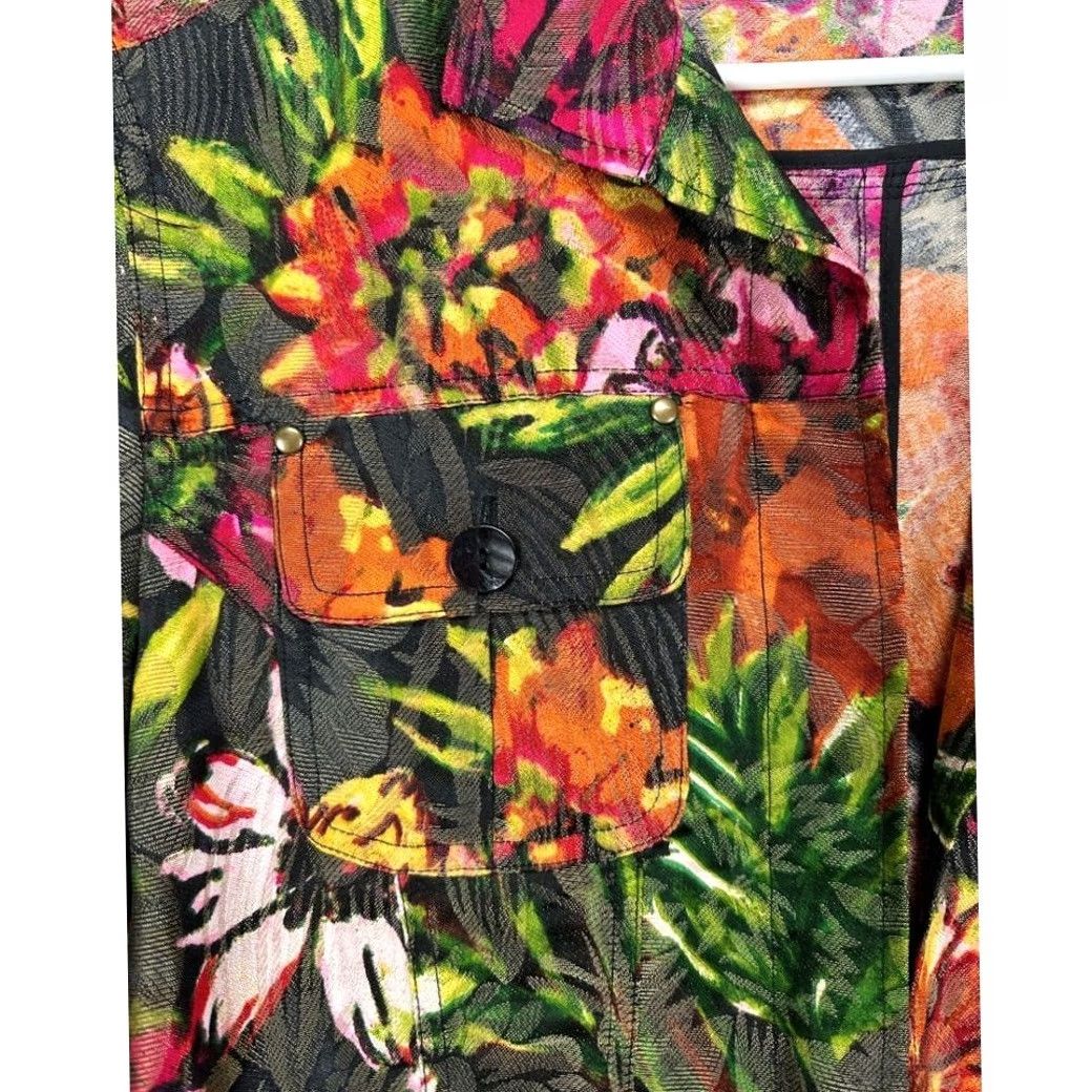 Vintage Chico's Trucker Jacket Womens 2 Black Floral Silk Metallic Open Front Coat Ladies Size XS / US 0-2 / IT 36-38 - 5 Thumbnail