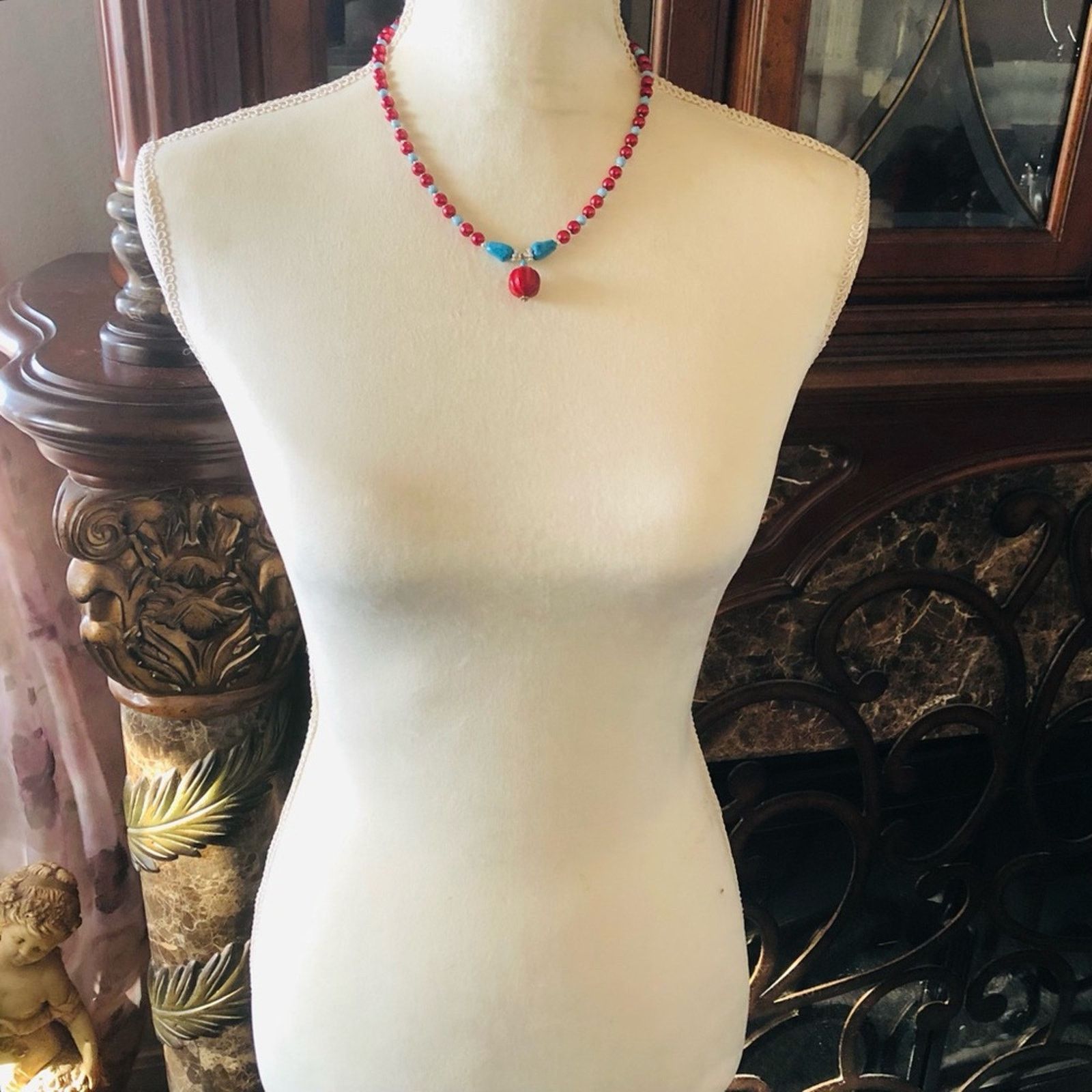 Handmade Handcrafted repurpose carved red coral stone Pearl necklace Size ONE SIZE - 6 Thumbnail