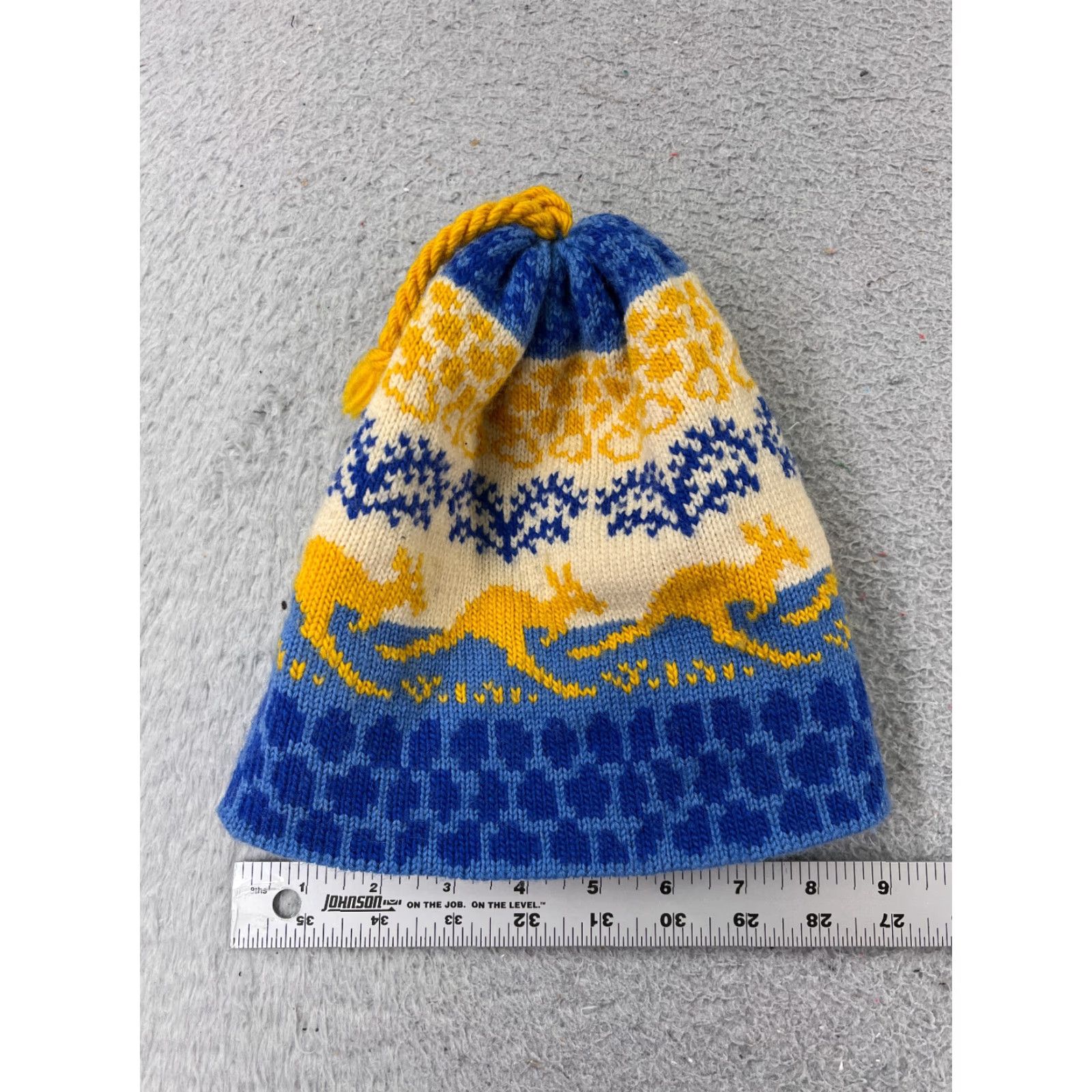 Vintage DaBec Beanie Toque Adult Blue Yellow Kangaroo Knit Tassel Acrylic Blend Made USA Size ONE SIZE - 4 Thumbnail